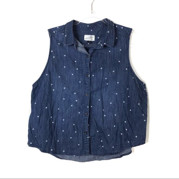 Universal Thread Tops - Universal Thread Dark Chambray Star Pattern Sleeveless Button Up Tank Womens SM